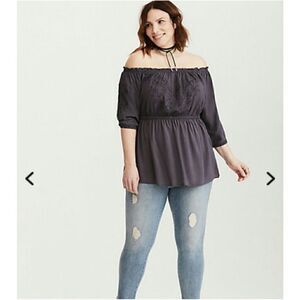 Torrid Gray Off Shoulder Floral Embroidered Top Contemporary Feminine Boho